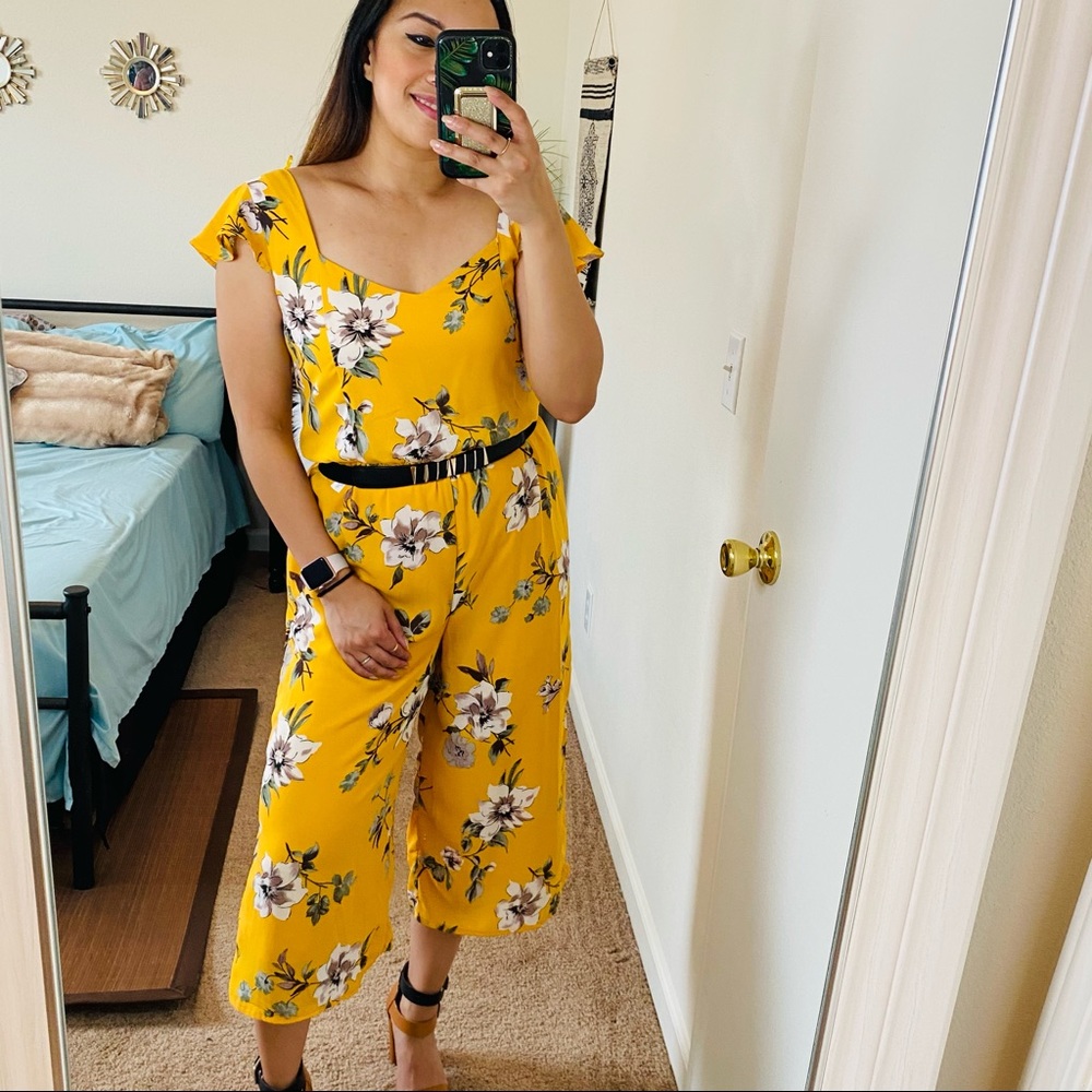 Yellow floral ruffle sleeve jumpsuit